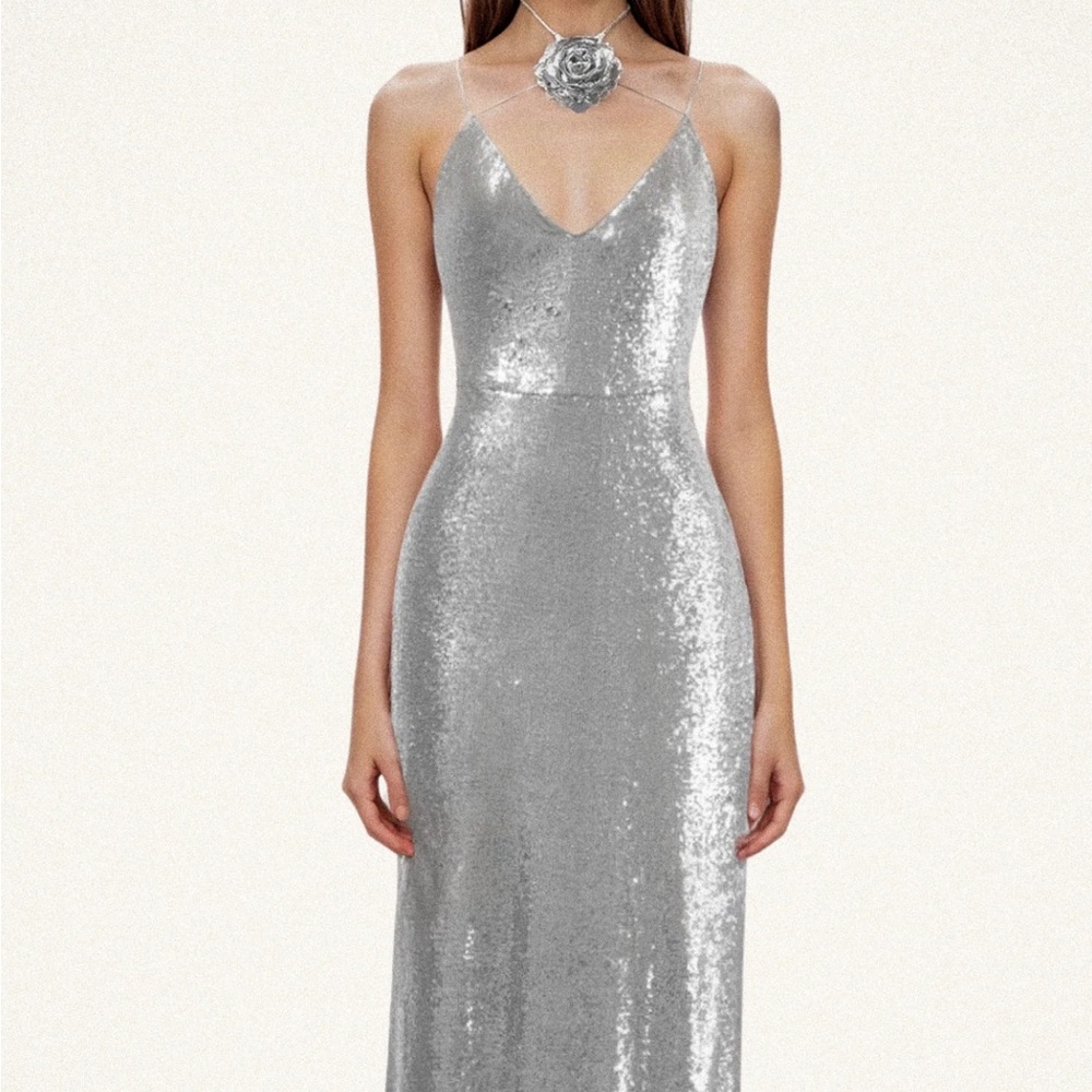 Silver Sequin Spaghetti Strap Evening Dress